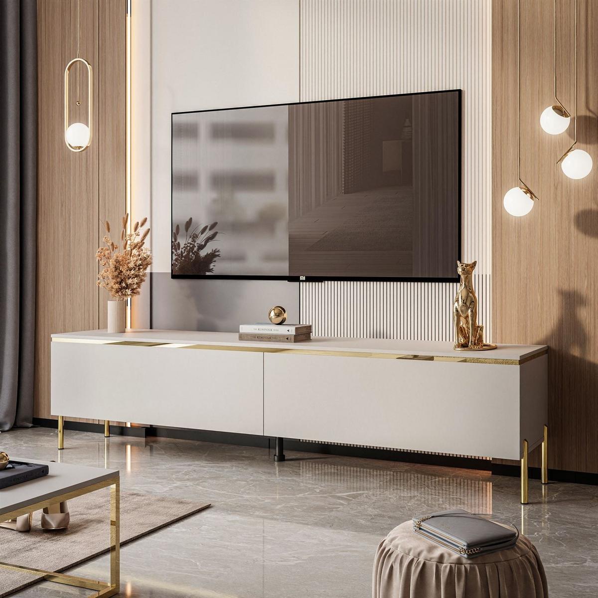 TV-LOWBOARD AURORA Kaschmir mit gerade Goldchrom Fuße - Kaschmir/Goldfarben, Holzwerkstoff/Metall (180/46/40cm) - Lookway
