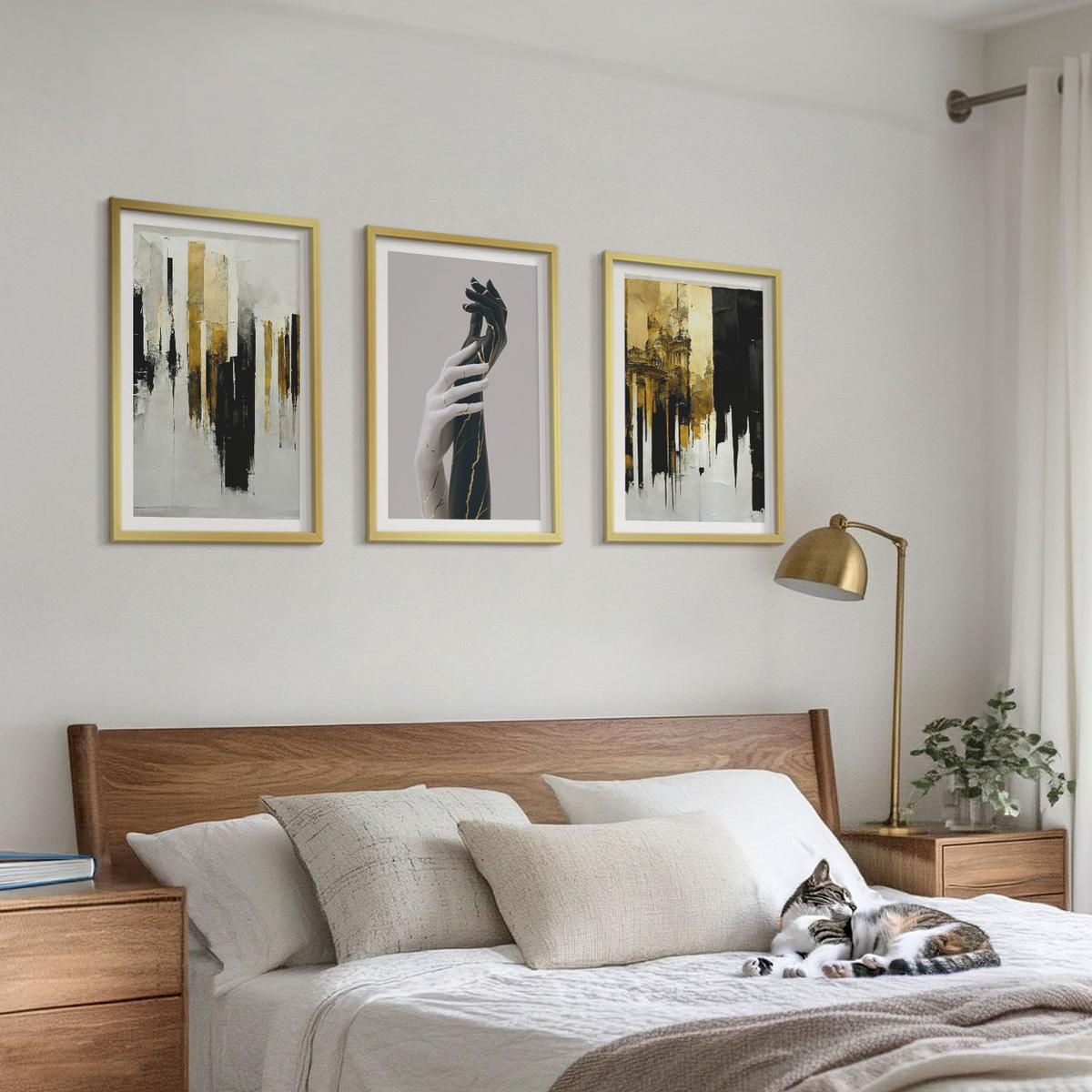 BILDER SET 3er Set - 40x60 cm Goldrahmen - Abstrakte handgemalte Muster - Goldfarben, Kunststoff (40/60cm) - TULUP