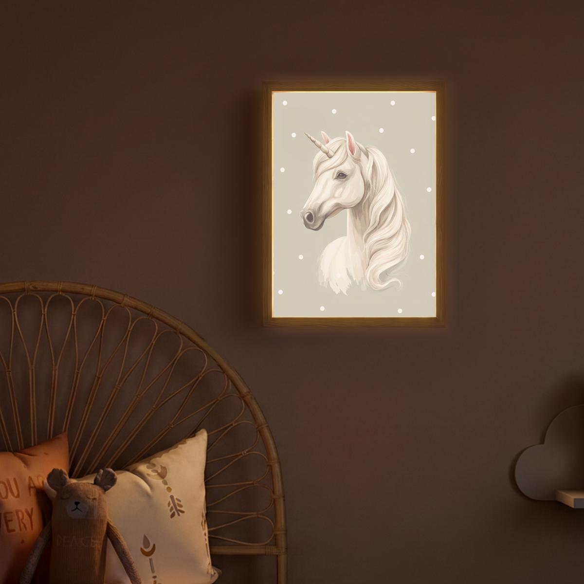 WANDLEUCHTE MIT AKKU Einhorn - Weiß - Punkte 30x40 cm - Taupe, Holzwerkstoff (30/40/8cm) - OnlyWow