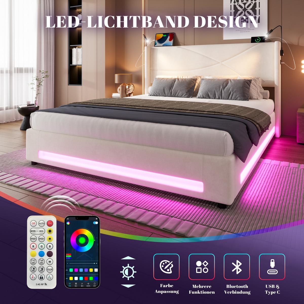 POLSTERBETT Samt Beige 140x200 cm mit LED Beleuchtung & USB-Ladestation - Beige, Textil (140/200cm) - Urban Meuble