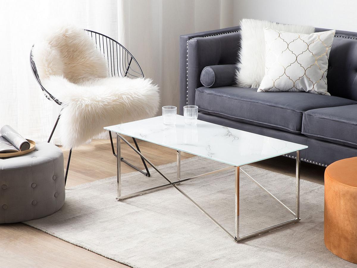 COUCHTISCH Marmor Optik weiß/silber rechteckig 100/50 cm Emporia - Silberfarben/Weiß, Glas (50/100/40cm) - Beliani