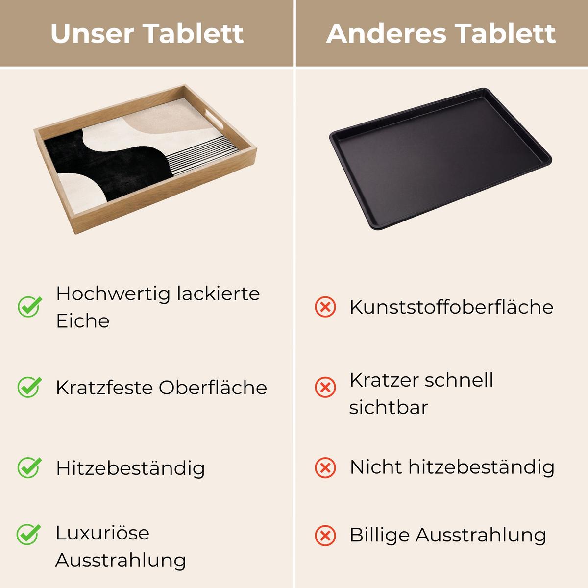TABLETT Abstrakt - Japandi - Beige - Modern 50x35 cm - Schwarz, Holz (50/5/5cm) - OnlyWow