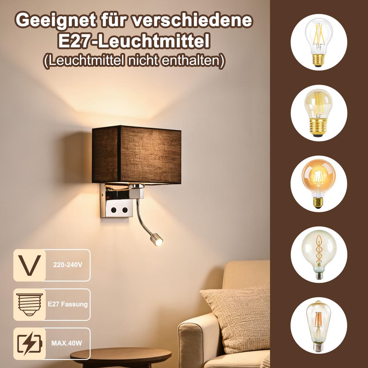WANDLEUCHTE Beryn 20/13/15 cm - Schwarz, Textil/Metall (13/15/20cm) - ZMH