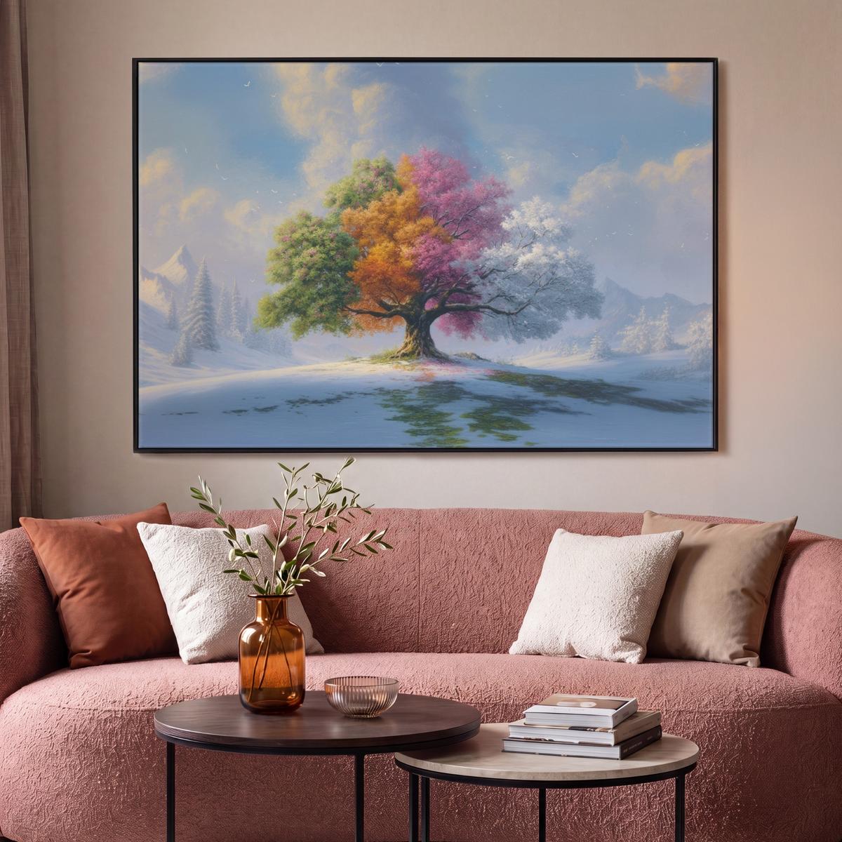 LEINWAND Bilder mit Rahmen - Baum - Jahreszeiten - Winter - Landschaft - 150x100 - Multicolor, Textil (150/100cm) - MuchoWow