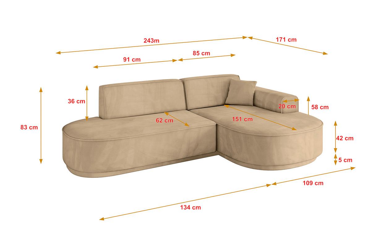 ECKSOFA Ottomane Rechts MARI-L1-v3 - 243x171x83 cm Taupe Velours - Taupe/Schwarz, Holzwerkstoff/Kunststoff (171/243cm) - ALTDECOR