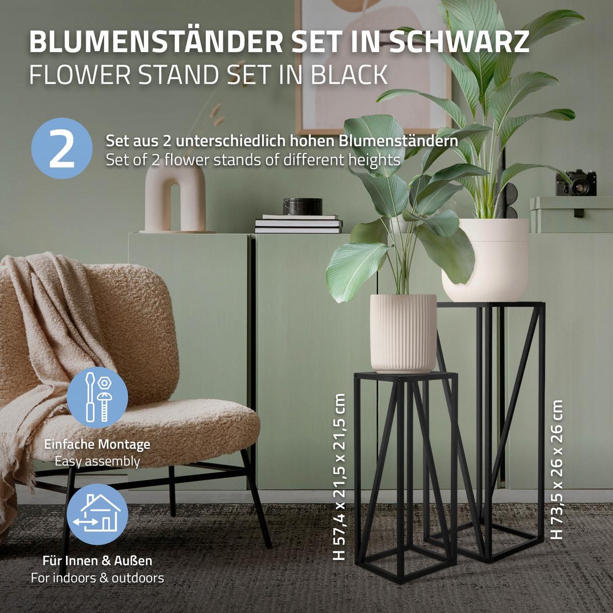 BLUMENSTÄNDER 2er Set Schwarz 21,5x21,5x57,4 cm/26x26x73,5 cm Stahl - Goldfarben, Metall (26/26/73.5cm) - ML-DESIGN
