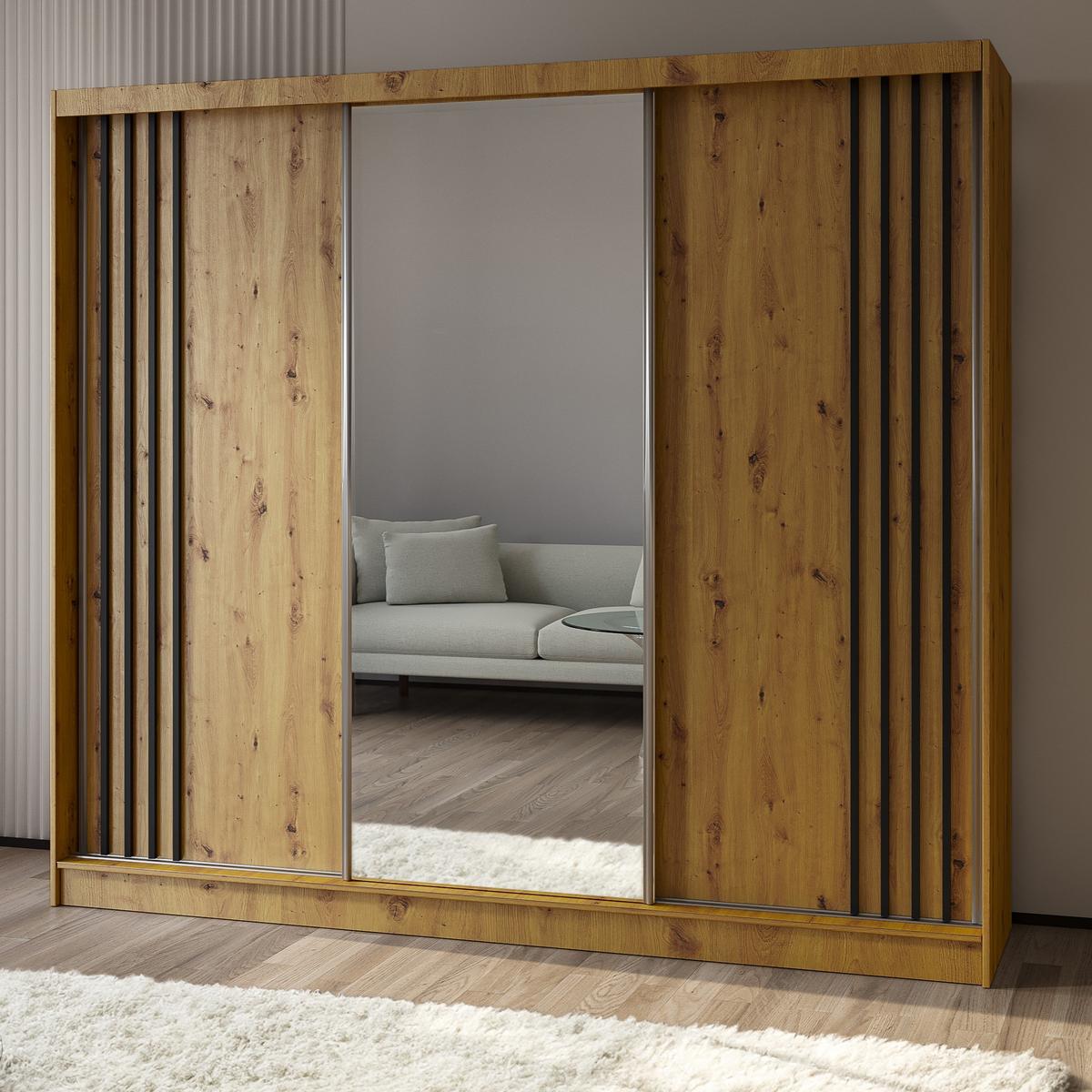 SCHWEBETÜRENSCHRANK NELVIA 240/216/61 cm 3-türig mit Spiegel Eiche Artisan - Eiche Artisan, Holzwerkstoff (240/216/61cm) - MASSENO