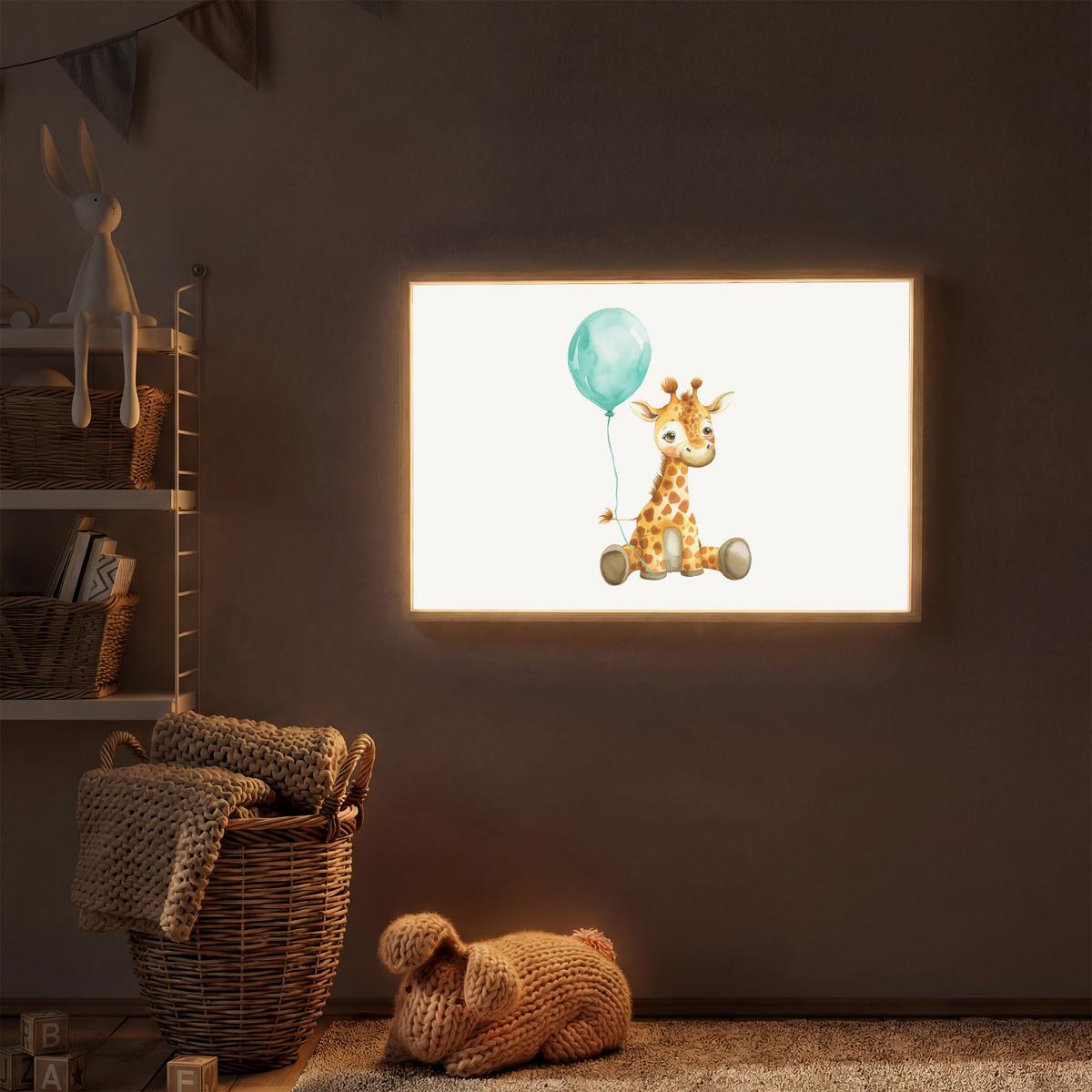 WANDLEUCHTE MIT AKKU Giraffe - Baby - Tiere - Blauer Ballon 100x70 cm - Weiß, Holzwerkstoff (100/70/8cm) - OnlyWow