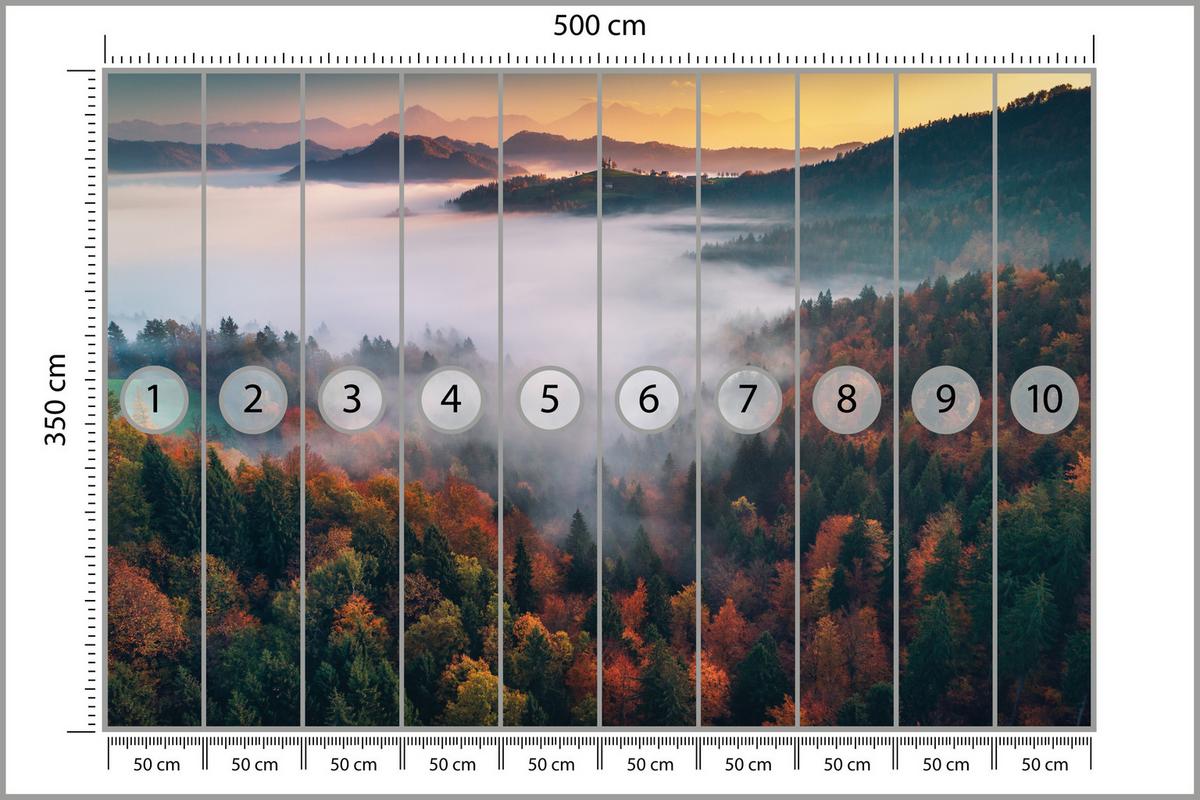 FOTOTAPETE für Wohnzimmer Nebelwald Sonnenuntergang Berge Bäume 500x350 - Beige/Rot, Papier (500/350cm) - Muralo