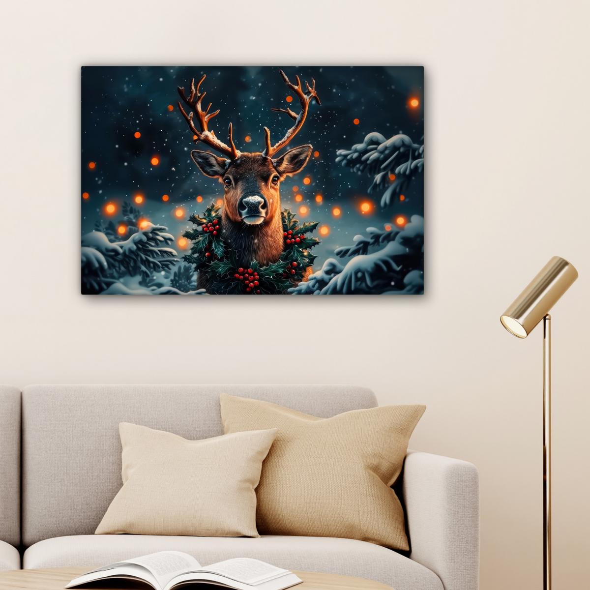 LEINWANDBILD Hirsch - Weihnachten - Winter - Schnee - Weihnachtskranz Wanddeko 90x60 cm - Dunkelbraun, Textil (90/60cm) - MuchoWow
