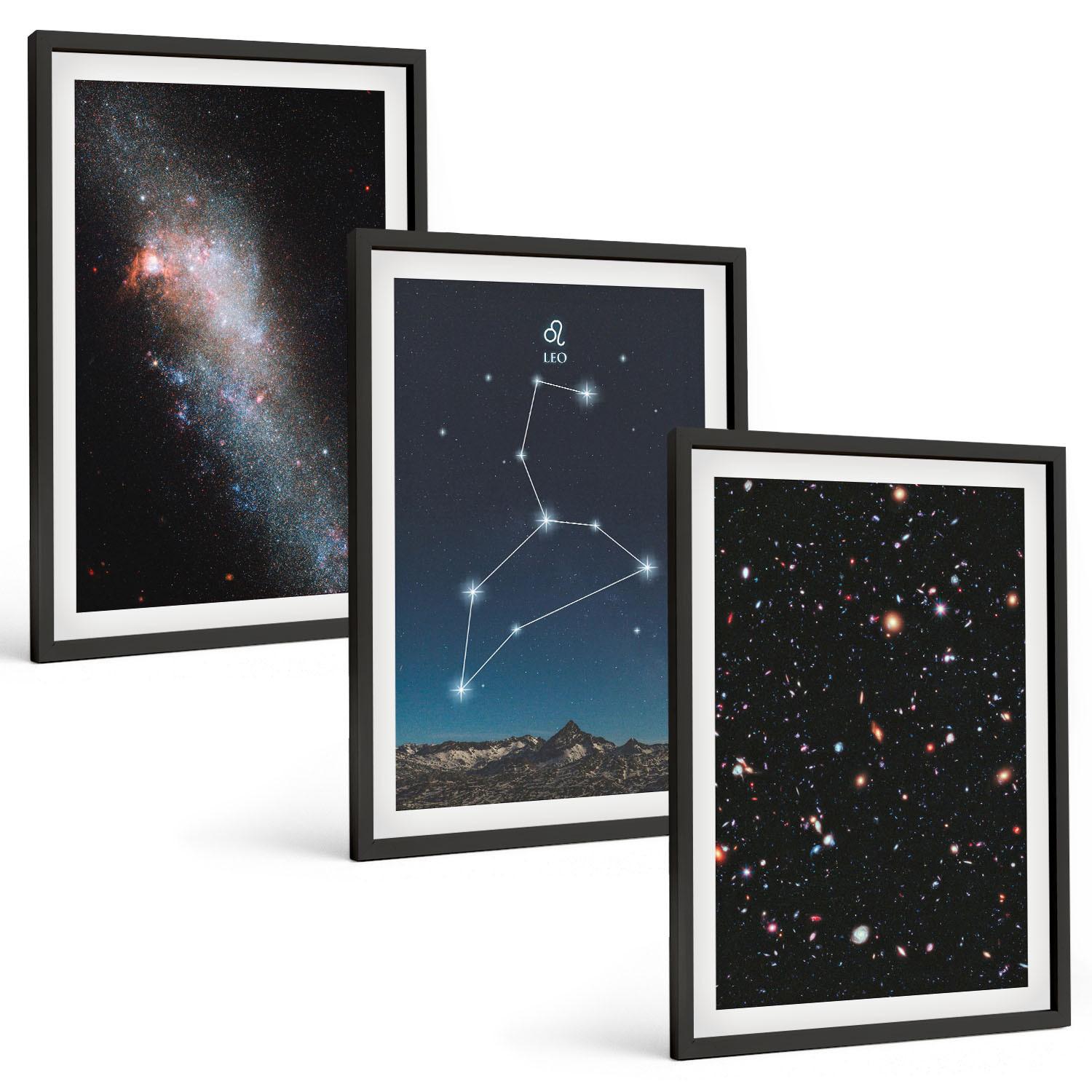 BILDER SET 3er Set - 40x60 cm Schwarzer Rahmen - Galaxie im Sternbild Löwe - Schwarz, Kunststoff (40/60cm) - TULUP