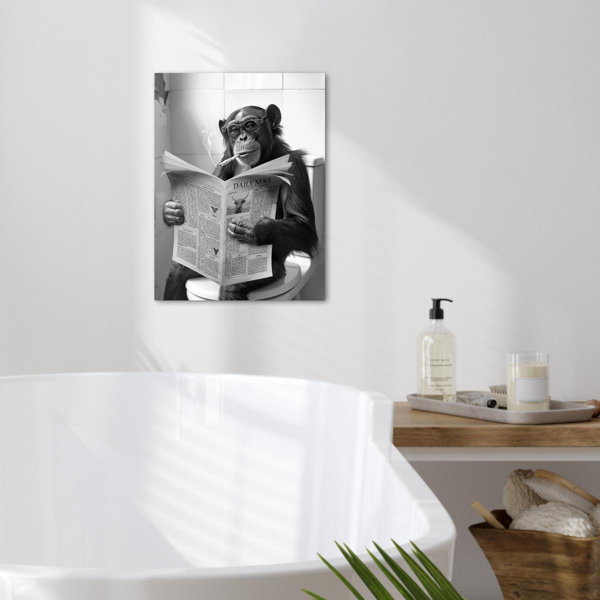 LEINWANDBILD Affe - WC - Zeitung - Schwarz-Weiß - Humor Room Decor 30x40 cm - Hellgrau, Textil (30/40cm) - MuchoWow
