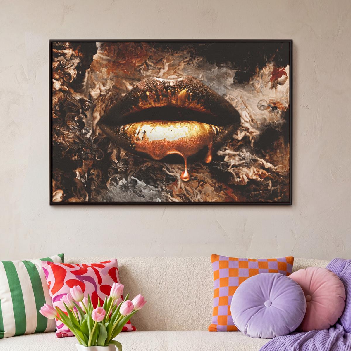 LEINWAND Bilder mit Rahmen - Gold - Lippen - Kunst - Gold - Luxus - Abstrakt - 90x60 - Kupferfarben, Textil (90/60cm) - MuchoWow