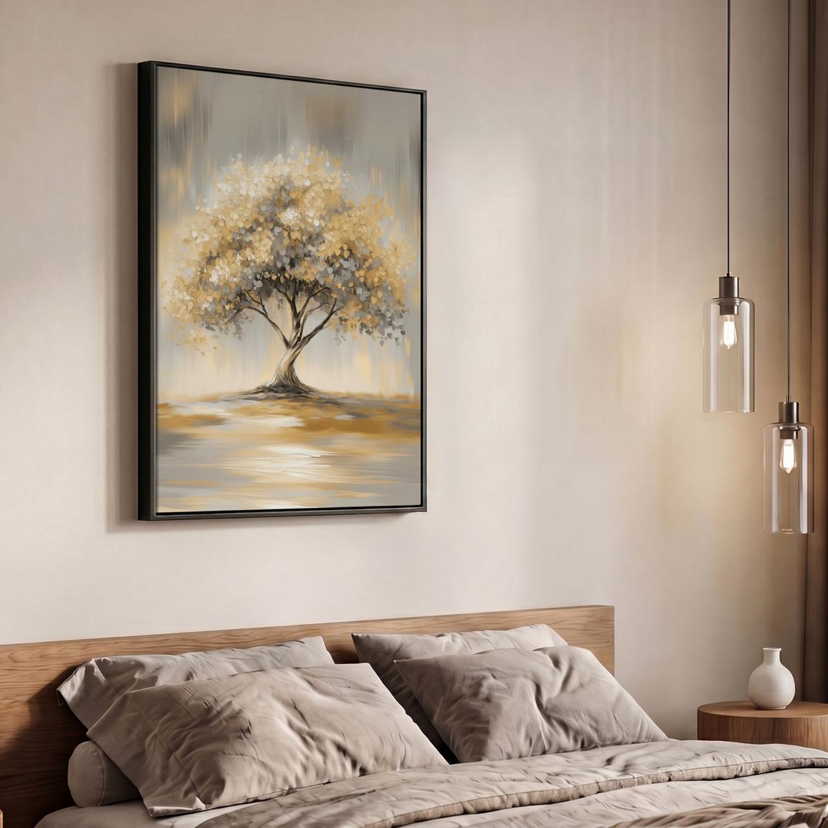 LEINWAND Bilder mit Rahmen - Gemälde - Baum - Abstrakt - Blätter - 70x100 - Beige, Textil (70/100cm) - MuchoWow