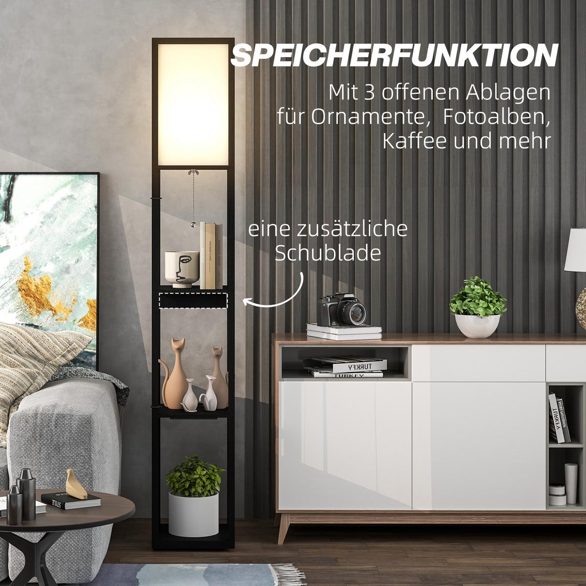 STEHLAMPE, Stehleuchte mit 3 Fächern, E27 Sockel, USB-A, USB-C Anschlüssen - Schwarz, Holzwerkstoff (26/26/159cm) - HOMCOM