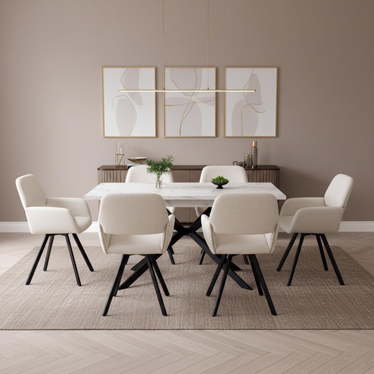 TISCHGRUPPE 7-teilig Ausziehtisch Marmoroptik Weiß & 6x 360° Drehstühle Beige - Schwarz/Weiß, Holzwerkstoff/Textil (160/77/80cm) - Urban Meuble