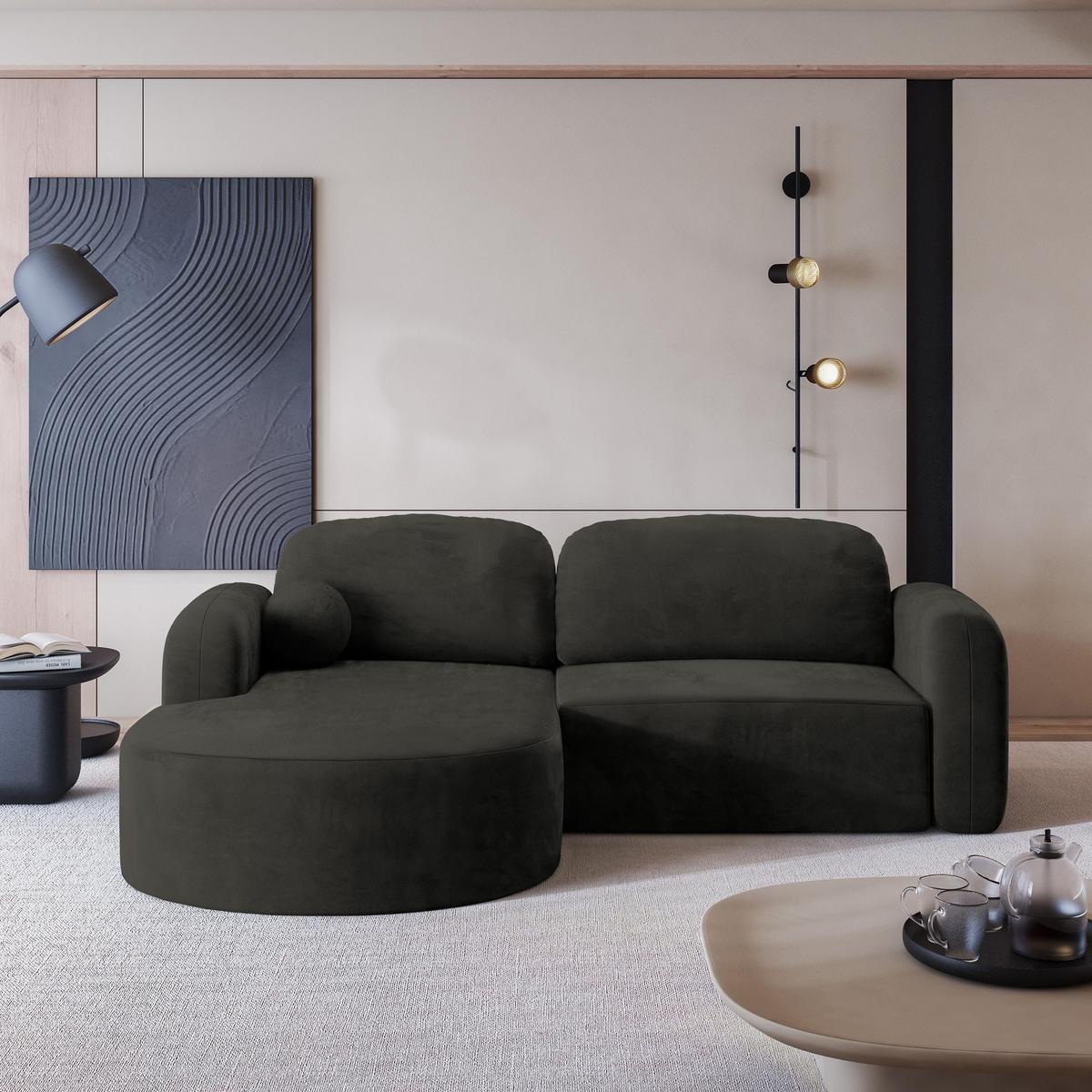 ECKSOFA AMILIA M L-S Schwarz Velours-Stoff mit Schlaffunktion - Schwarz, Holz (263/174cm) - MASSENO