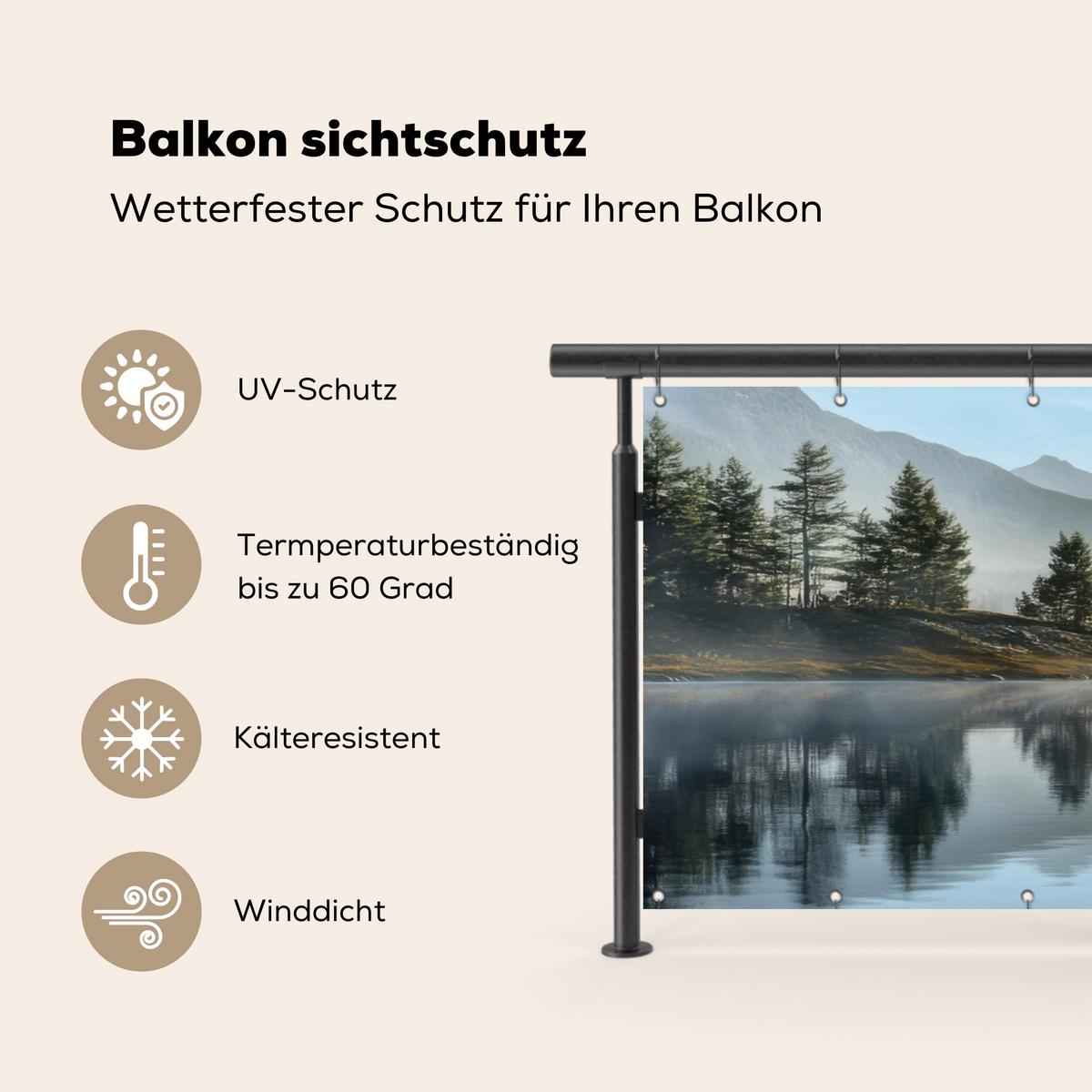 BALKON-SICHTSCHUTZ See - Nebel - Berge - Landschaft Balkon Deko 300x120 cm - Hellblau, Kunststoff (300/120cm) - MuchoWow
