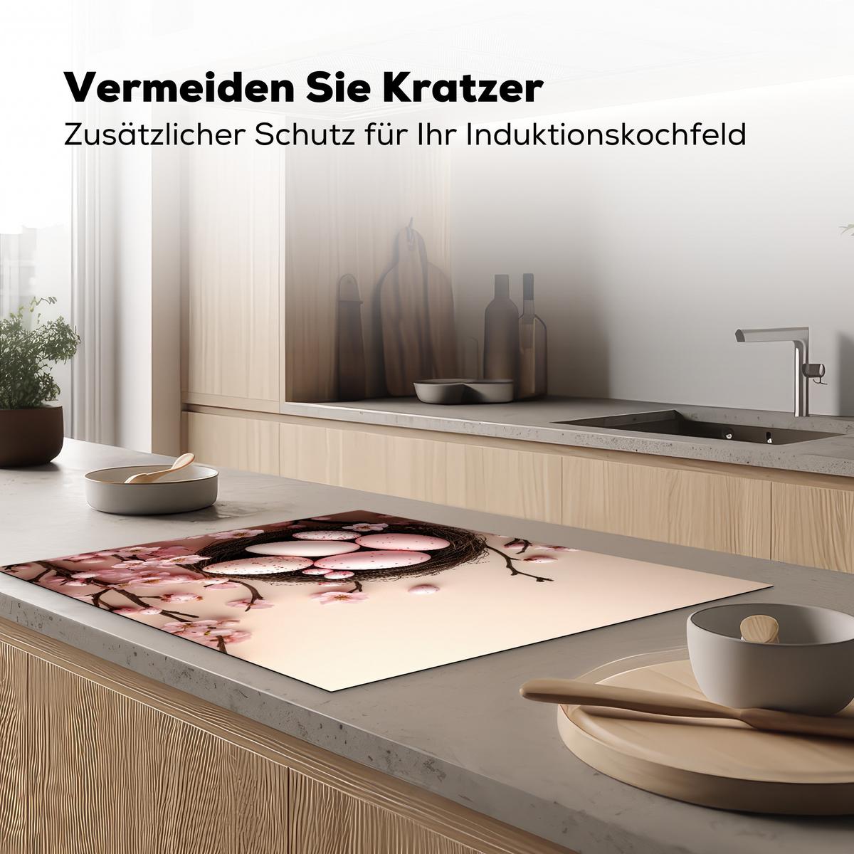 HERDABDECKPLATTE Rosa - Blüten - Eier Induktionsmatte 77x59 cm - Hellrosa, Kunststoff (77/59/0.2cm) - MuchoWow