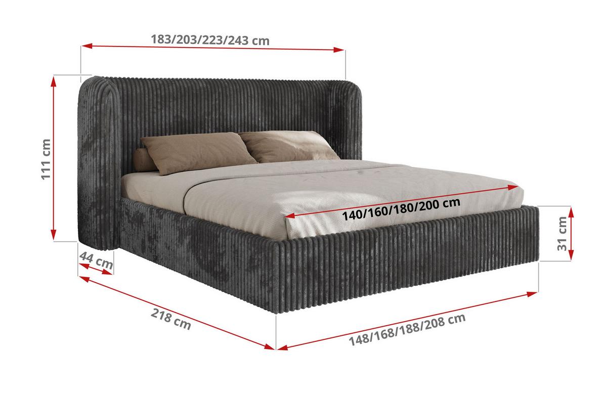 POLSTERBETT EMORA CLASSIC 140/200 - Grau Cord - Multipocket-Matratze - Grau, Textil (140/200cm) - MKS