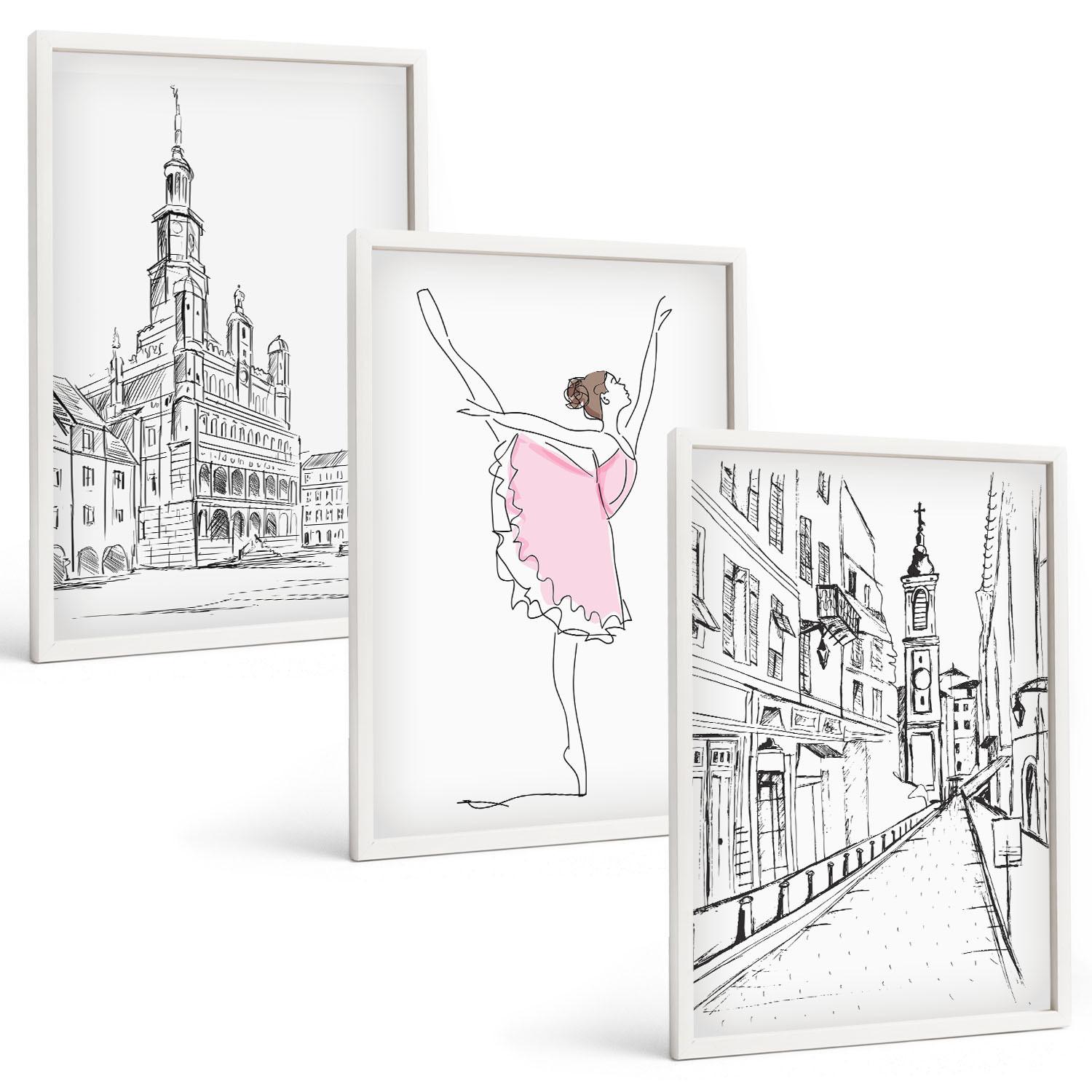 BILDER SET 3er Set - 40x60 cm Weißer Rahmen - Stilvolle Ballerinen und Architektur - Weiß, Kunststoff (40/60cm) - TULUP