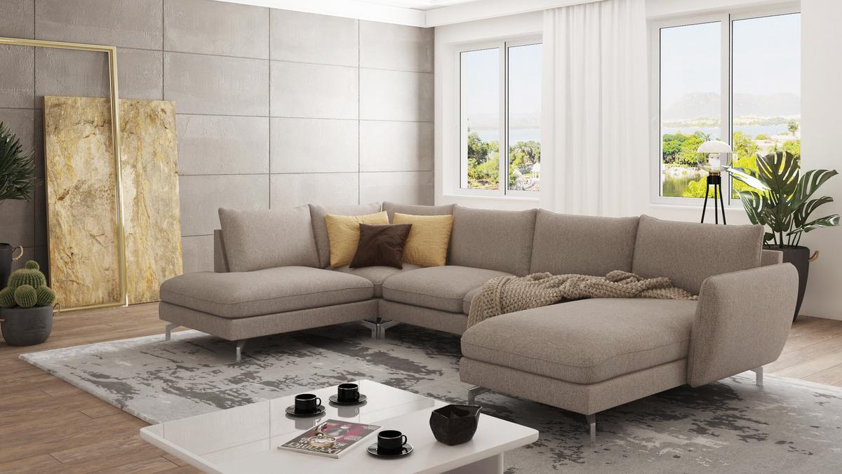 WOHNLANDSCHAFT Elou Dunkelbeige Microfaser - Chromfarben/Beige, Textil/Metall (336/87/200cm) - S-Style