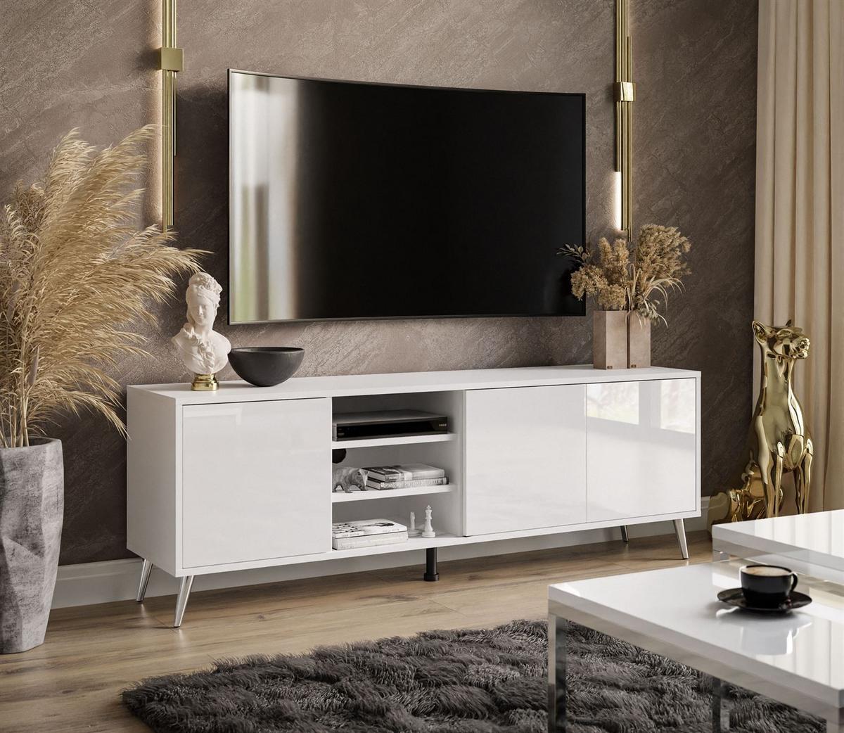 TV-ELEMENT SANAYI auf verchromten Beinen mit Regalen Hochglanz Weiß - Weiß, Holzwerkstoff (156/54/38cm) - Lookway