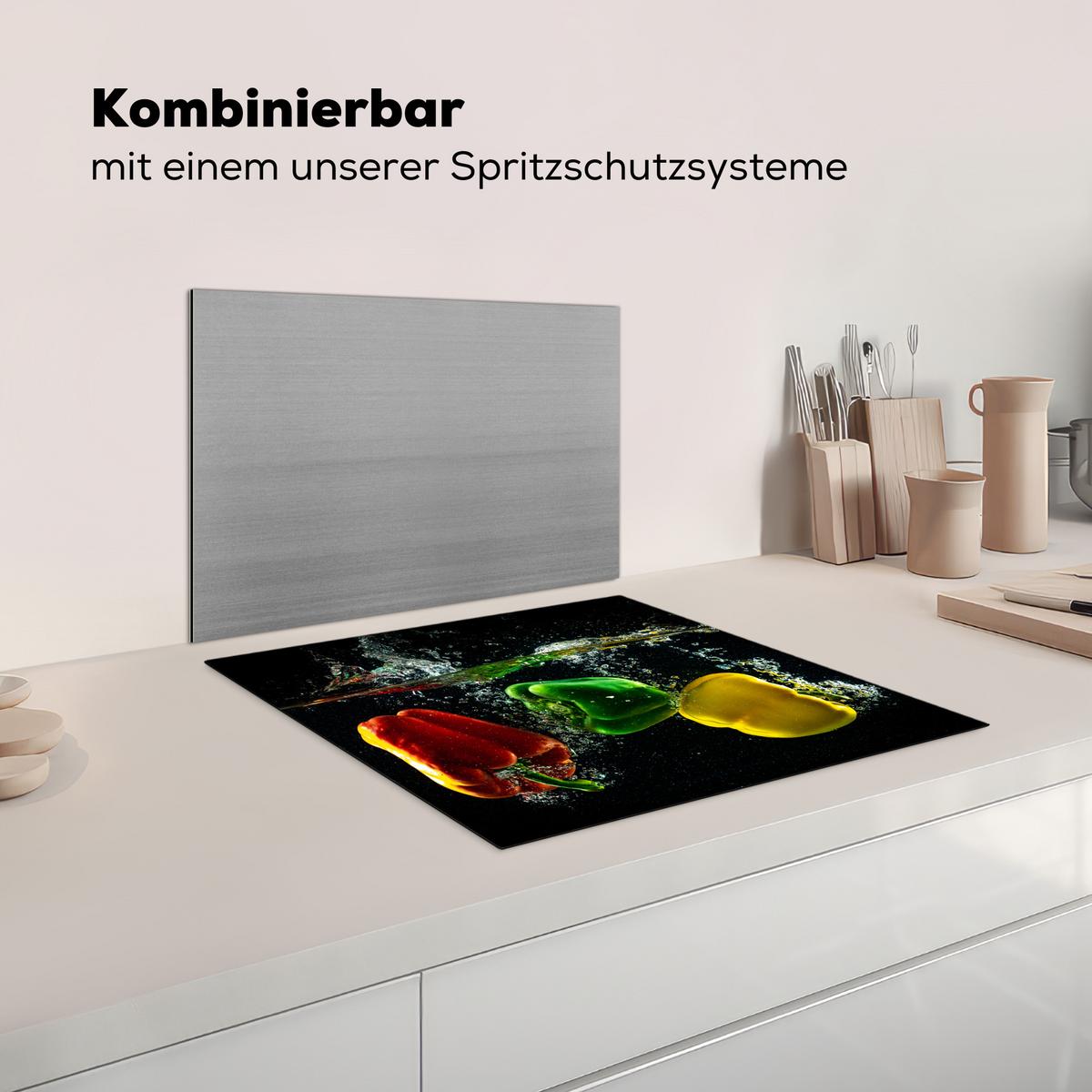 HERDABDECKPLATTE Paprika - Gemüse - Wasser - Schwarz - Rot - Grün - Gelb Abdeckung Ceranfeld 57.6x51.6 cm - Multicolor, Kunststoff (57.6/51.6/0.2cm) - MuchoWow