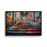 POSTER MIT RAHMENGERAHMTES BILD Treppe - Graffiti - Farben - Kunst 120x80 cm - Multicolor, Papier (120/80cm) - MuchoWow
