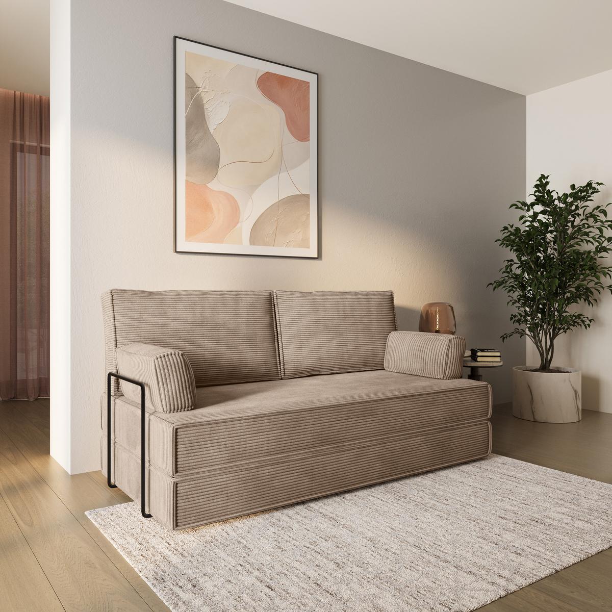BETTSOFA SILAR aus Schaumstoff Kordstoff Beige Schlaffunktion - Beige, Textil (170/86/80cm) - MASSENO