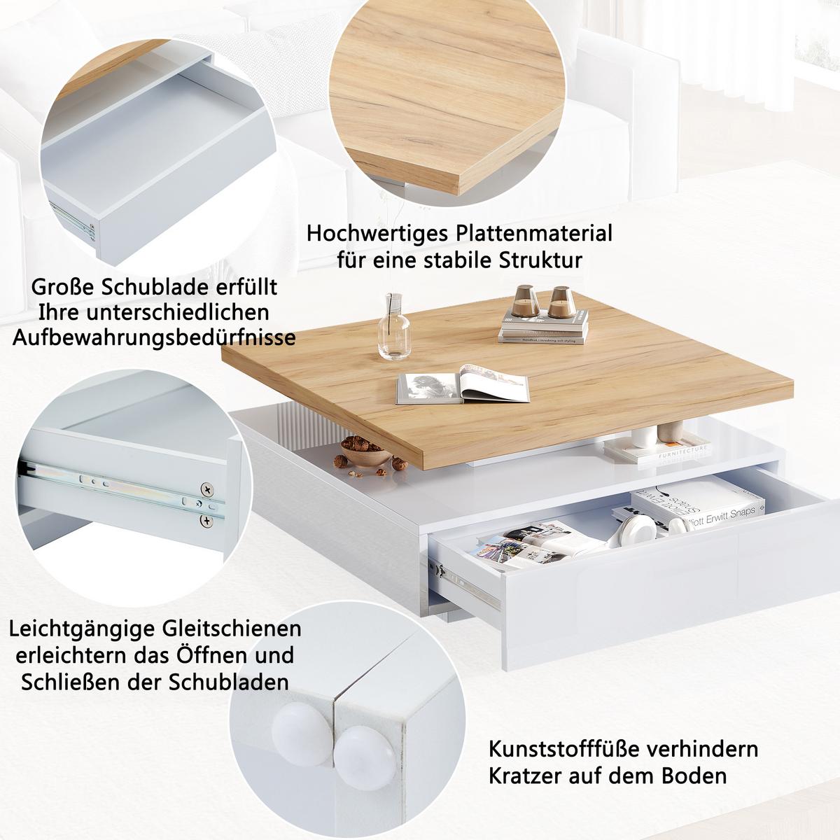COUCHTISCH 360° Drehbar Weiß Hochglanz & Nussbaum Quadratisch 1 Schublade - Naturfarben, Holzwerkstoff (70/70/36cm) - Urban Meuble