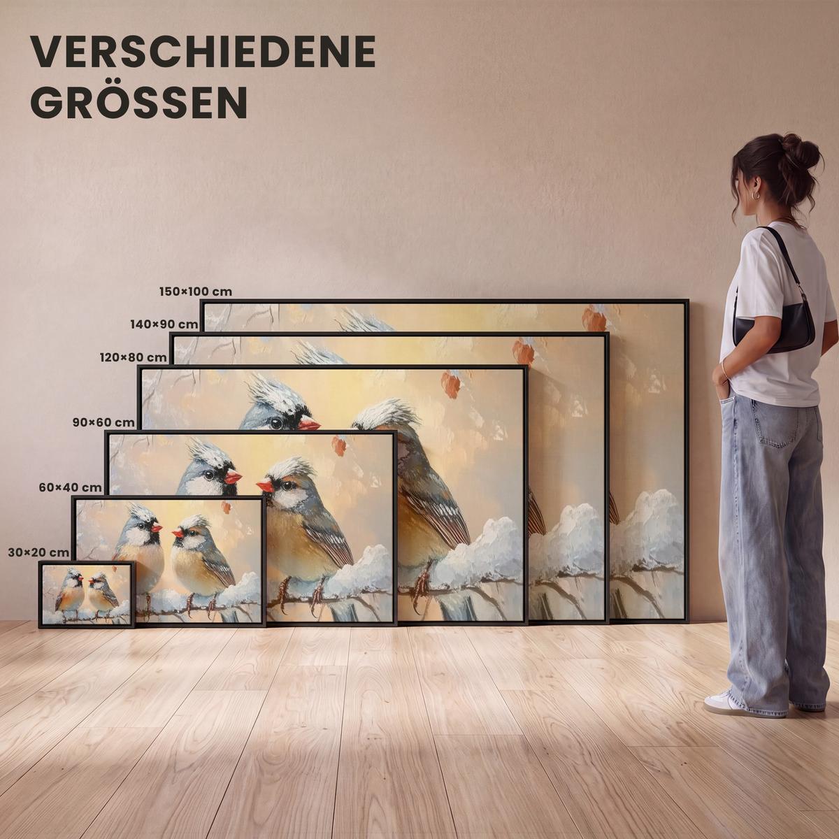 LEINWAND Bilder mit Rahmen - Vögel - Zweig - Winter - Schnee - 140x90 - Pastellblau, Textil (140/90cm) - MuchoWow