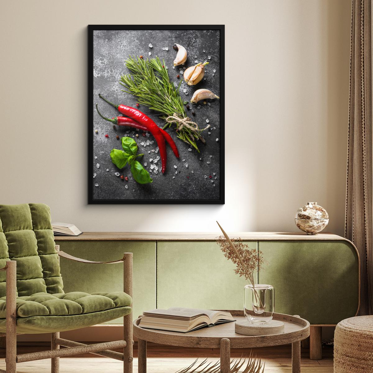 POSTER MIT RAHMEN Pfeffer - Kräuter - Gewürze - Beton Posterleiste 60x80 cm - Dunkelgrau, Papier (60/80cm) - MuchoWow