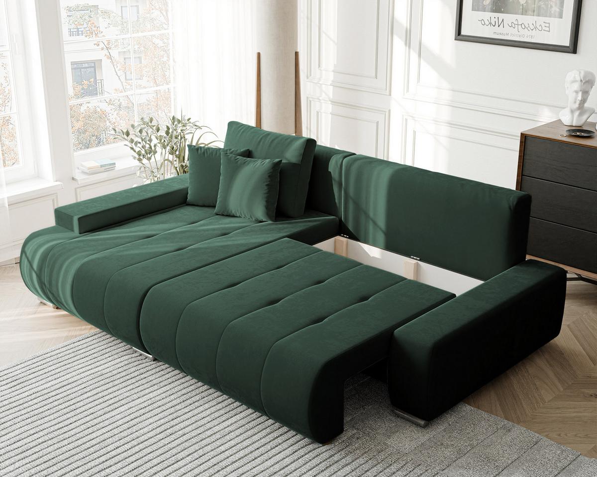 ECKSOFA NIKO Links, mit Schlaffunktion und Bettkasten, Grün - Grün, Textil (227/153cm) - Idohome