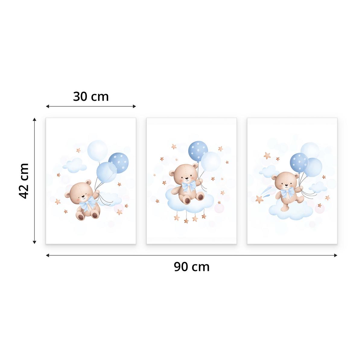 POSTER SET für Kinderzimmer Teddybären blauen Ballons Wolken Sterne 3x Poster A3 30x42cm - Gelb/Beige, Papier (30/42/1cm) - Muralo