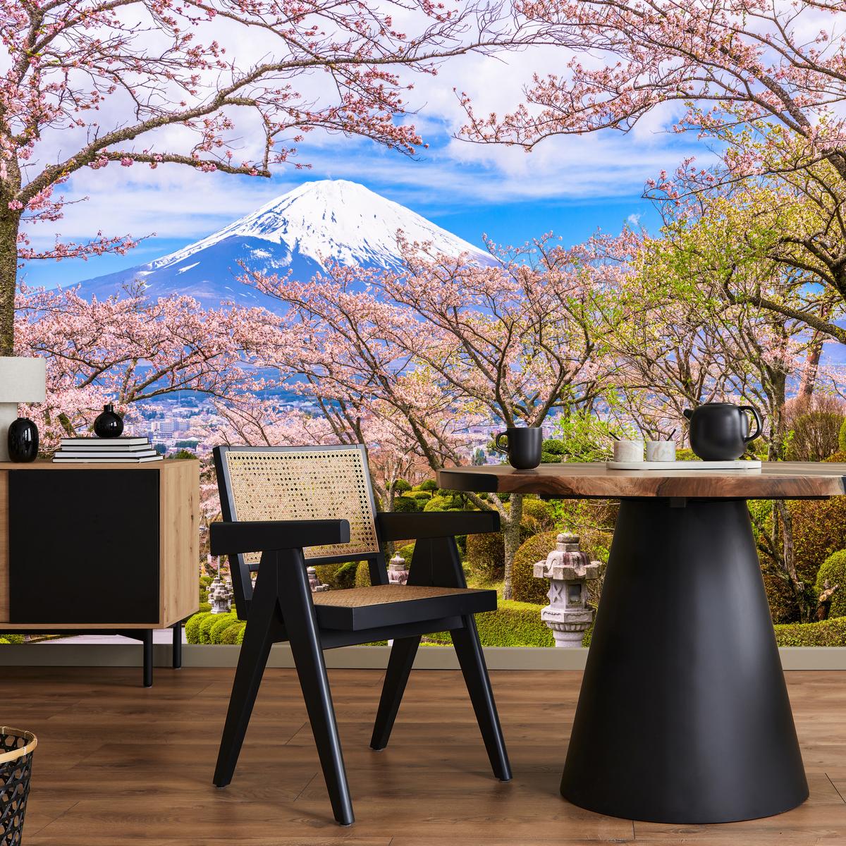 FOTOTAPETE für Wohnzimmer Peace Park Fuji View Kirschblüten 500x350 - Rosa/Braun, Papier (500/350cm) - Muralo