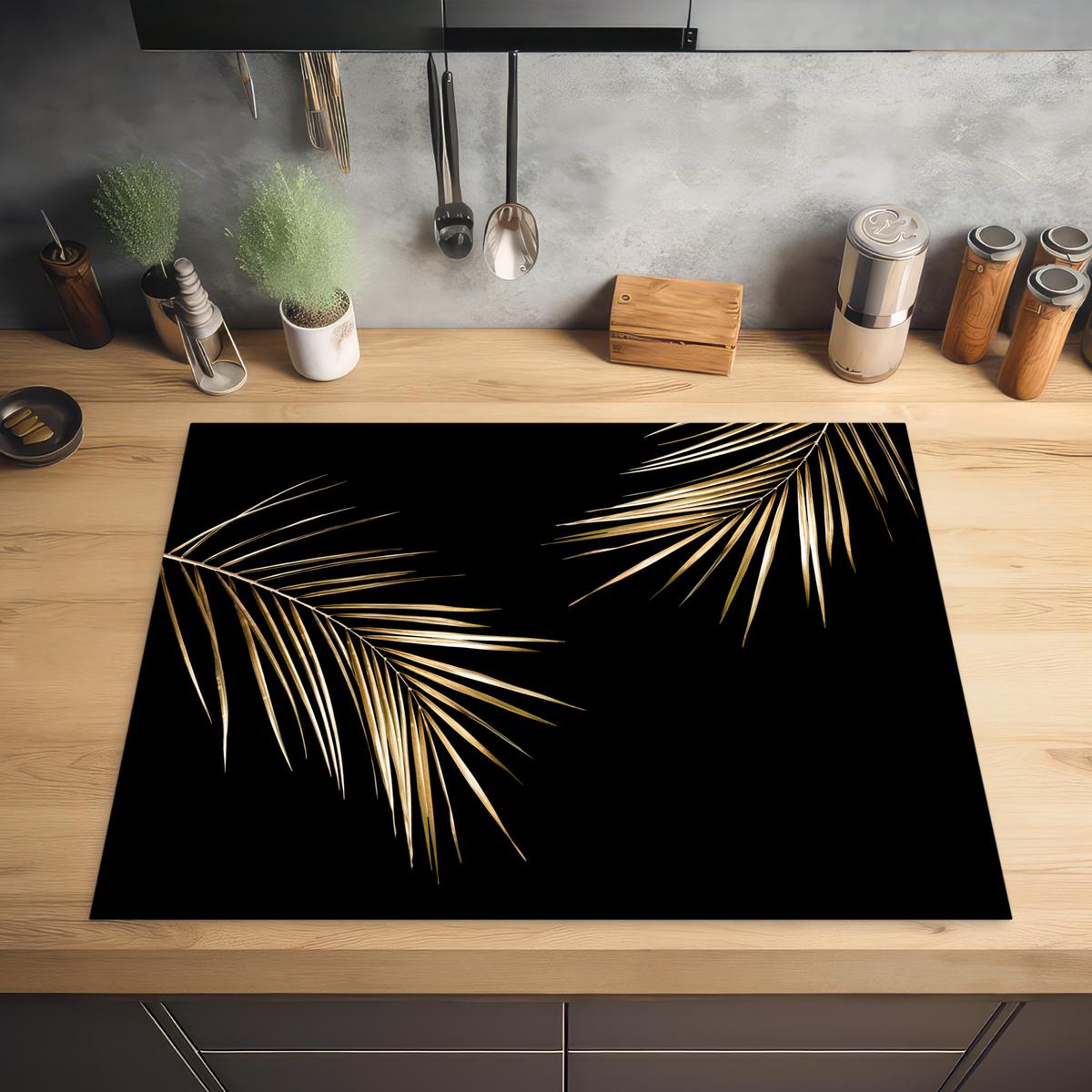 HERDABDECKPLATTE Blätter - Pflanzen - Gold - Schwarz - Luxus Induktionsmatte 77x59 cm - Goldfarben, Kunststoff (77/59/0.2cm) - MuchoWow