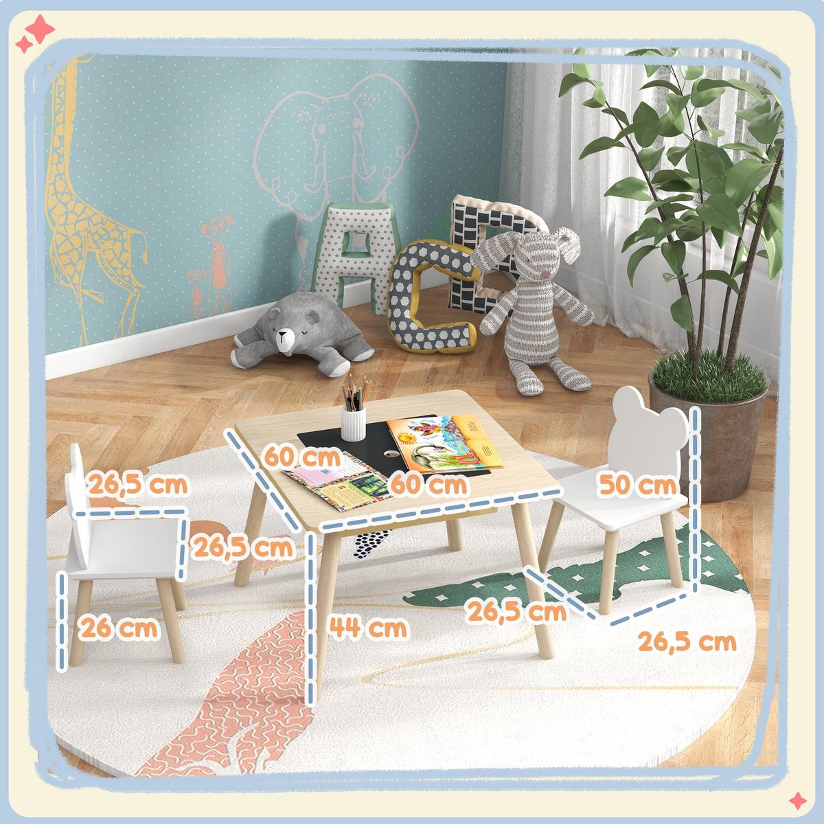 KINDER-TISCH-STUHL-SET 3er Set MDF Naturholz - Weiß/Naturfarben, Holz/Holzwerkstoff (60/44/60cm) - AIYAPLAY