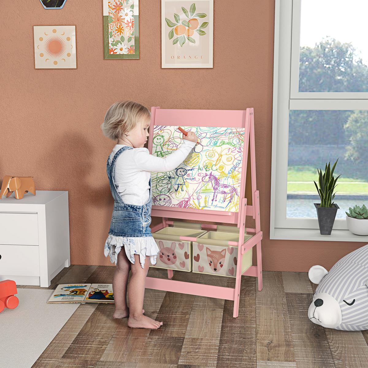 KINDERTAFEL, 3 in 1 Kinder Staffelei, Doppelseitige Standtafel mit Papierrolle - Rosa, Holzwerkstoff (46.5/93/54cm) - AIYAPLAY