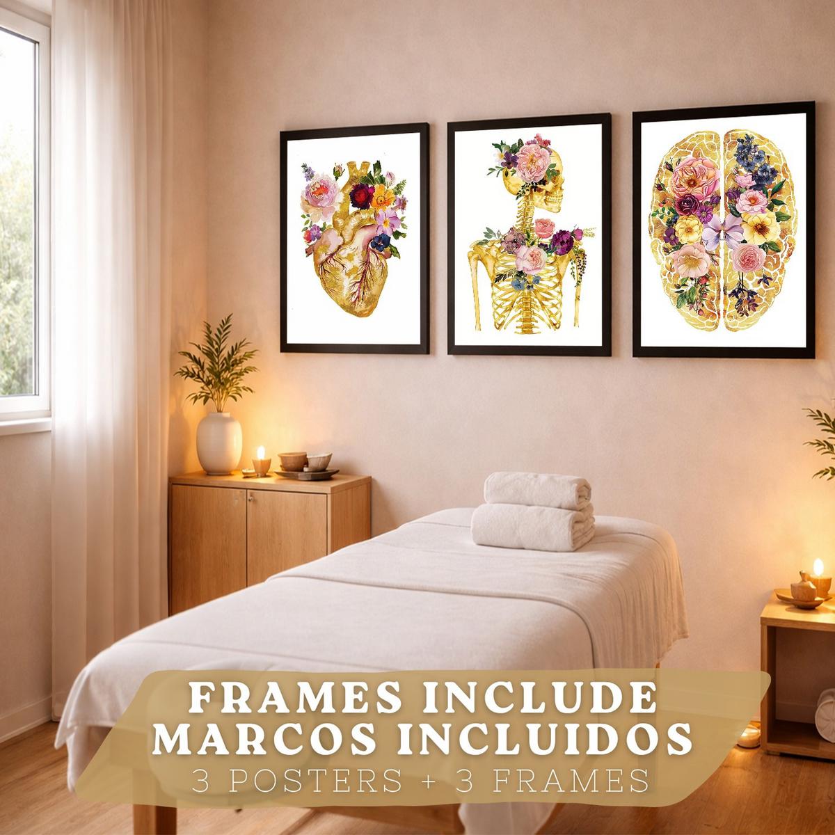 POSTER Set aus 3 Anatomie Mensch Drucke und Wandbilder mit Herz Gehirn und Skelett Goldenes Florales Design Wanddekoration Größe Schwarzer Rahmen A4 - Schwarz, Papier (21/29.7/3cm) - Nacnic