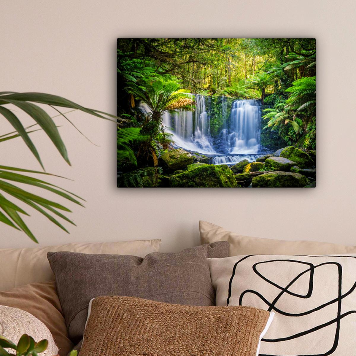 LEINWANDBILD Dschungel - Wasserfall - Australien - Pflanzen - Natur Wandbild 40x30 cm - Dunkelgrün, Textil (40/30cm) - MuchoWow