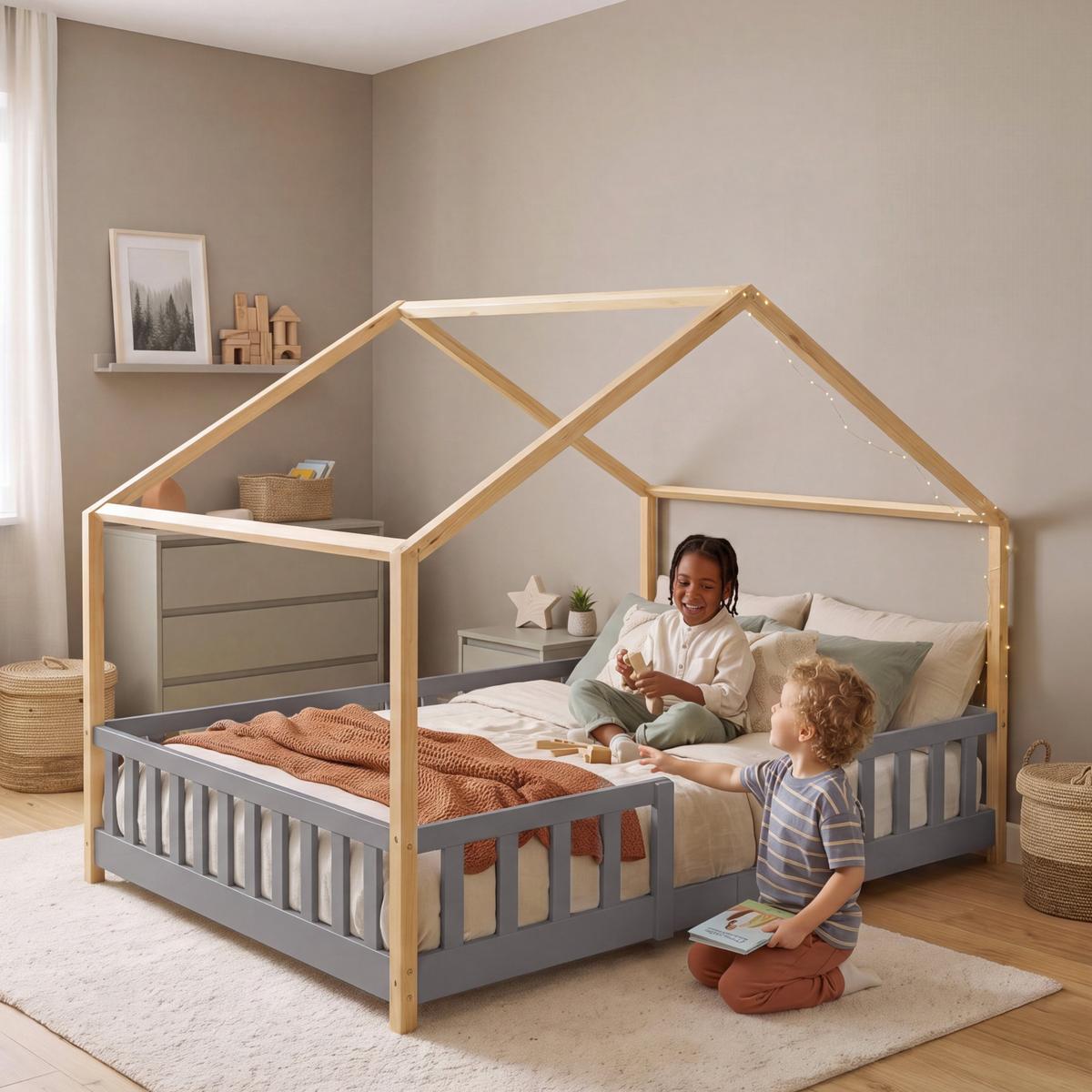 HAUSBETT Treviolo - Hellgrau/Naturfarben, Holz (140/200cm) - [en.casa]