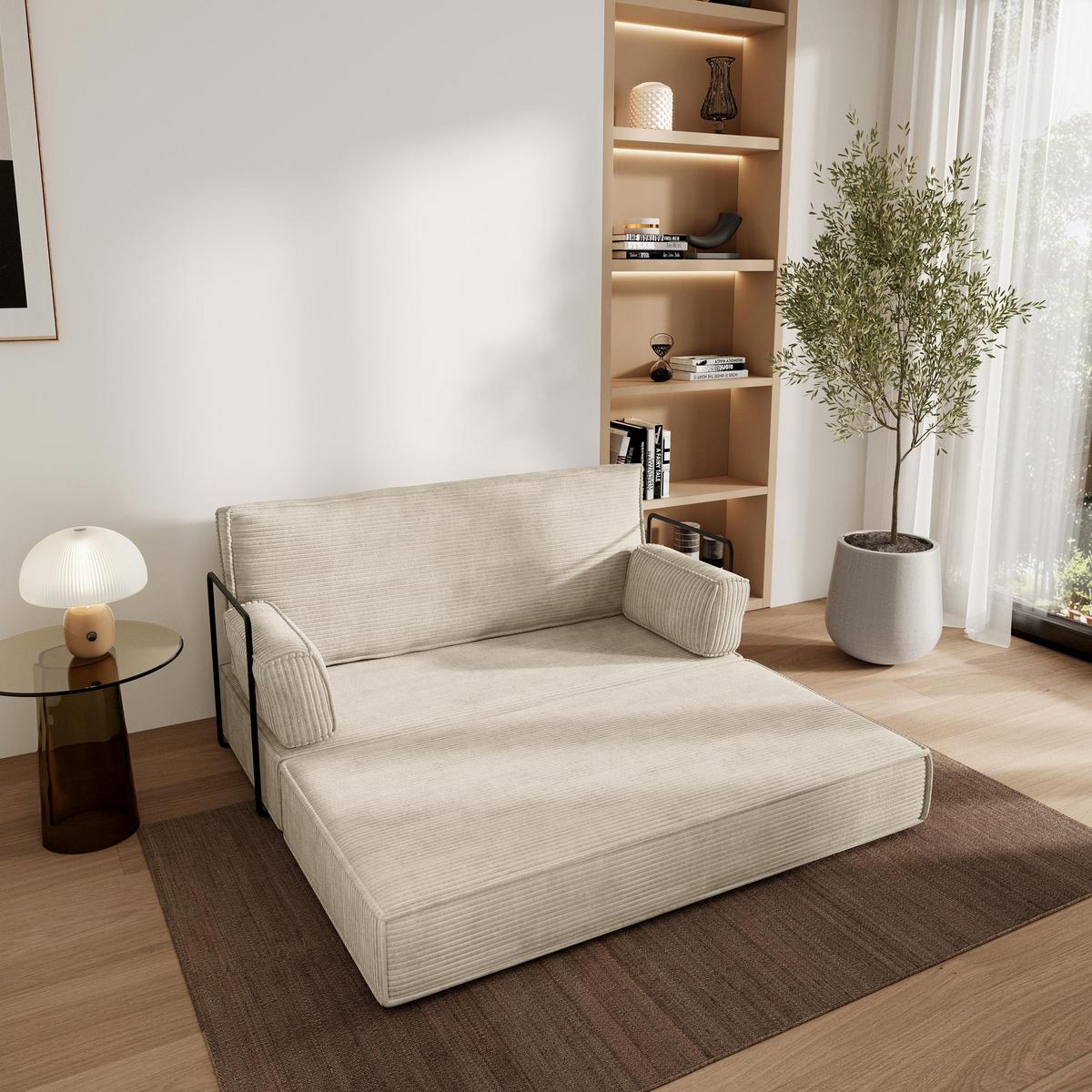 BETTSOFA LADIA aus Schaumstoff Kordstoff Creme Schlaffunktion - Creme, Textil (140/86/60cm) - MASSENO