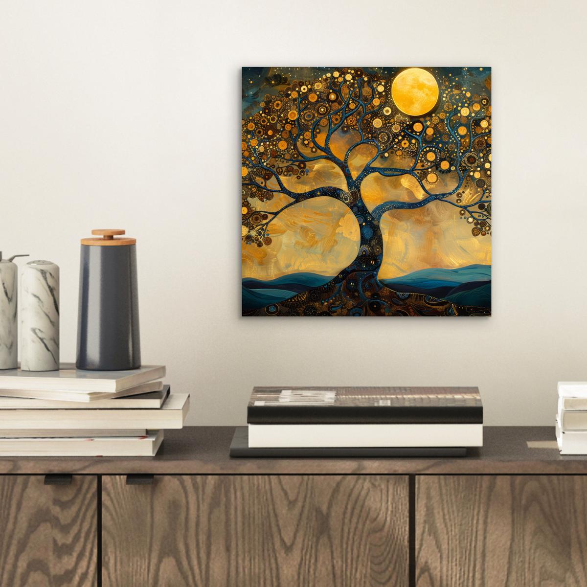METALLBILD Baum - Mond - Blumen - Gold - Kunst 20x20 cm - Orange, Metall (20/20cm) - MuchoWow