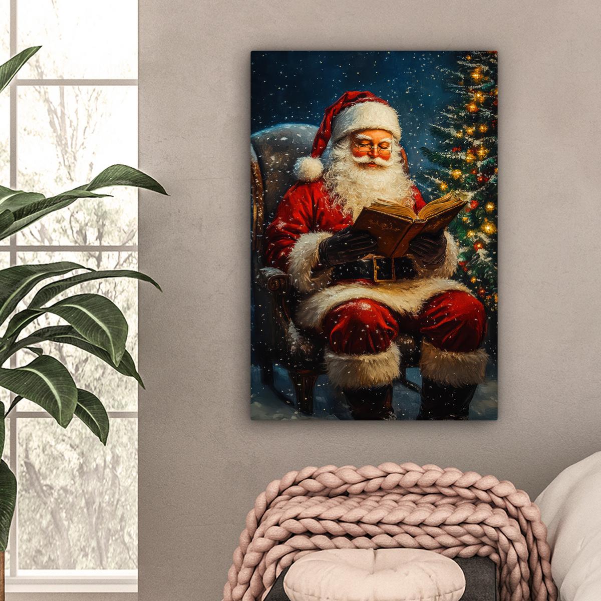 LEINWANDBILD Weihnachtsmann - Weihnachten - Winter - Weihnachtsbaum Wanddeko Schlafzimmer 60x90 cm - Bordeaux, Textil (60/90cm) - MuchoWow