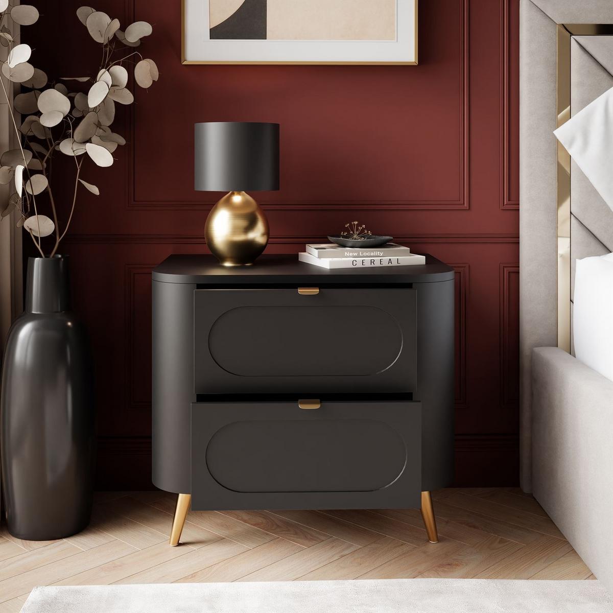 NACHTTISCH SHADOW II 2S mit Schubladen - Goldfarben/Schwarz, Holzwerkstoff (60/54/40cm) - Lookway