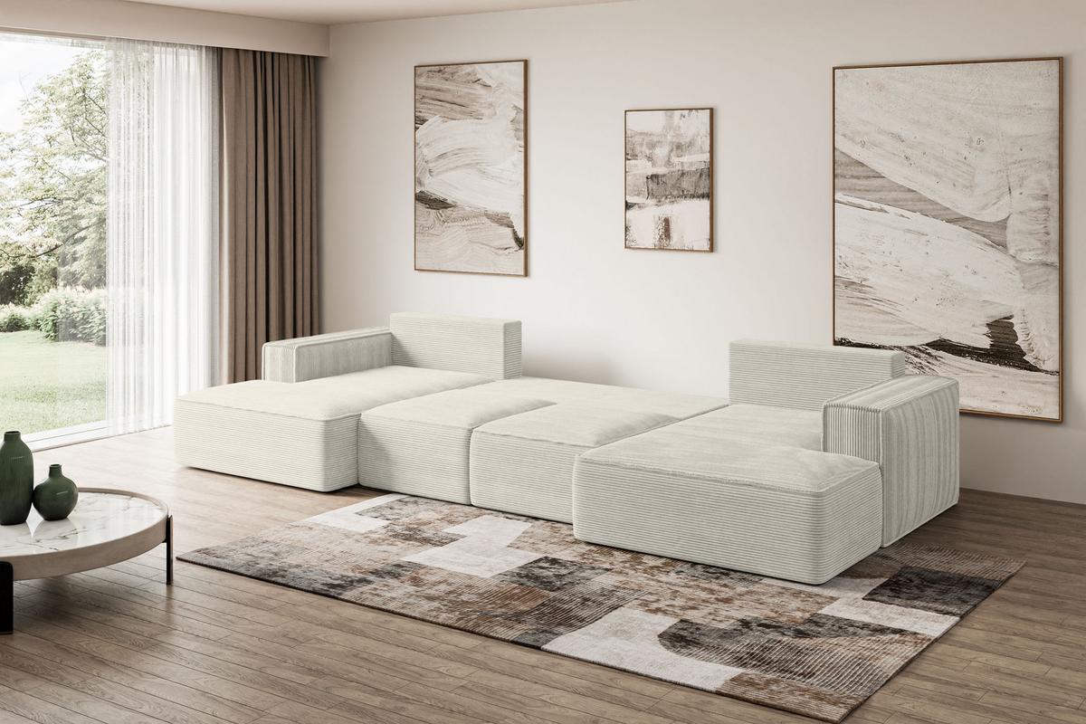 WOHNLANDSCHAFT mit Schlaffunktion und Bettkasten SIERRA-U-S - 349x161x87 cm Creme Cord - Hellgrau/Creme, Holzwerkstoff/Kunststoff (349/87/161cm) - ALTDECOR