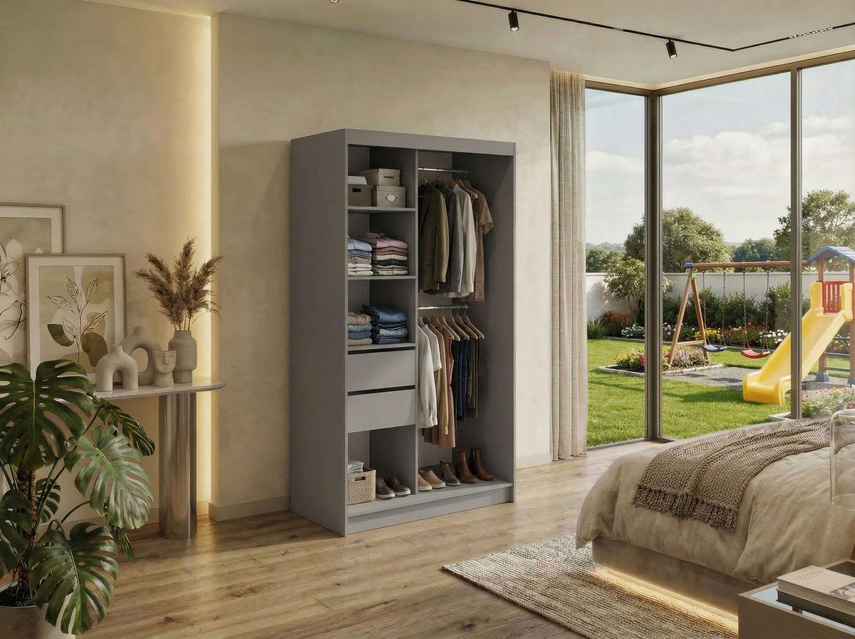 SCHWEBETÜRENSCHRANK mit Schubladen 120 - DUBROWNIK - Grau mit Spiegel - Alufarben/Grau, Holzwerkstoff/Metall (120/216/61cm) - MKS
