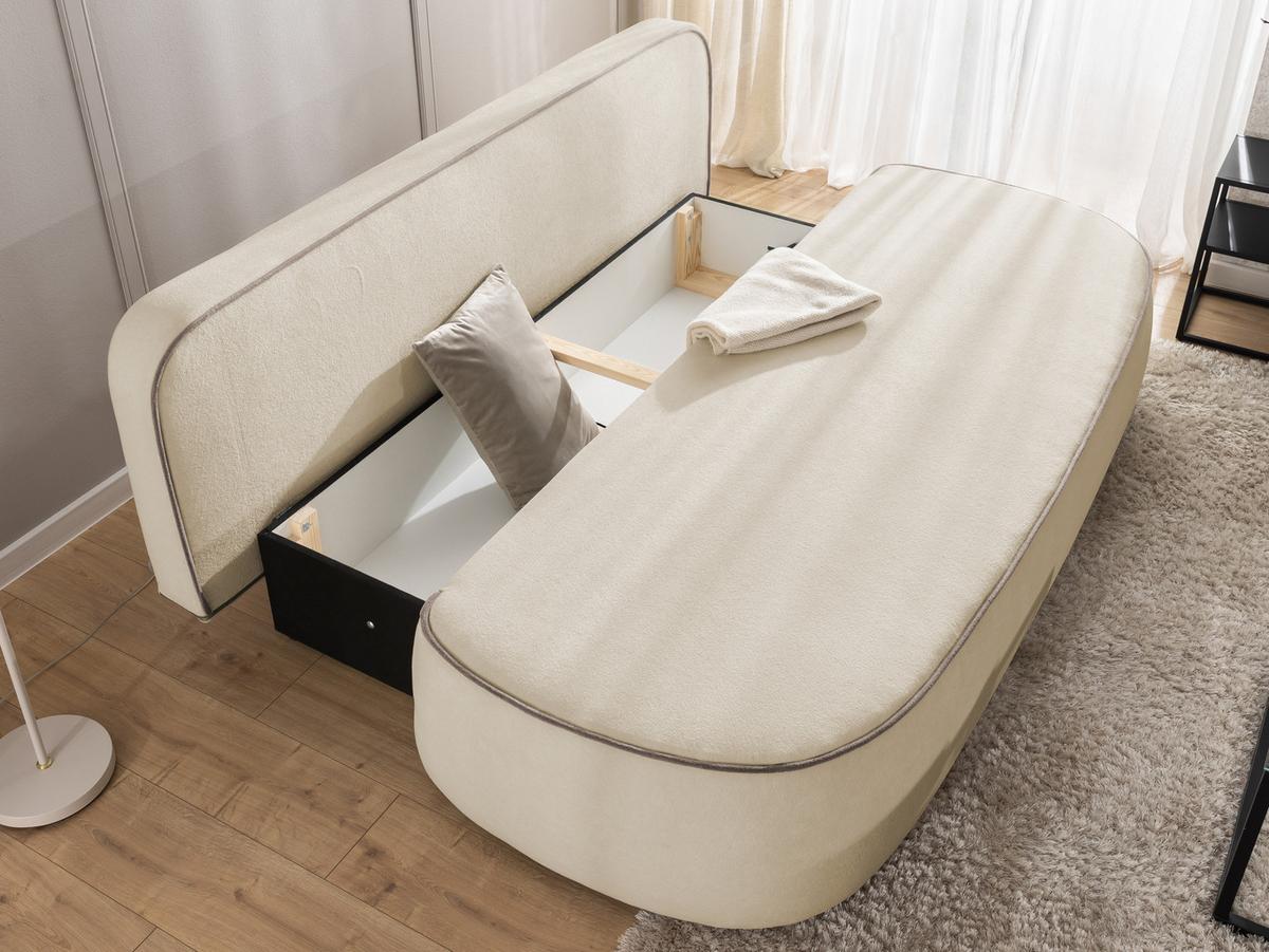 KINDERSOFA Vero im modernen und abgerundeten Design mit Schlaffunktion und Bettkasten aus Beige Plüschstoff mit tauper Paspel - Beige/Schwarz, Holz/Kunststoff (210/90/98cm) - S-Style Möbel