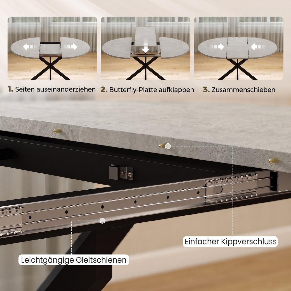 AUSZIEHBARER-ESSTISCH MDF Stahl Grau - Schwarz/Grau, Holzwerkstoff/Metall (135/100/75cm) - HOMCOM